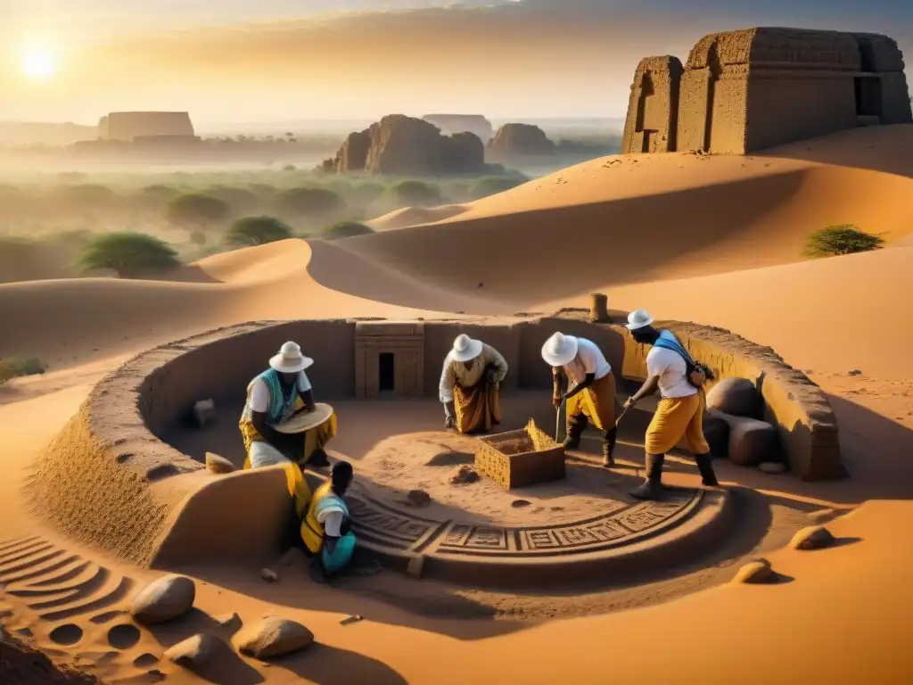 Equipo de arqueólogos descubriendo ruinas en desierto africano al atardecer