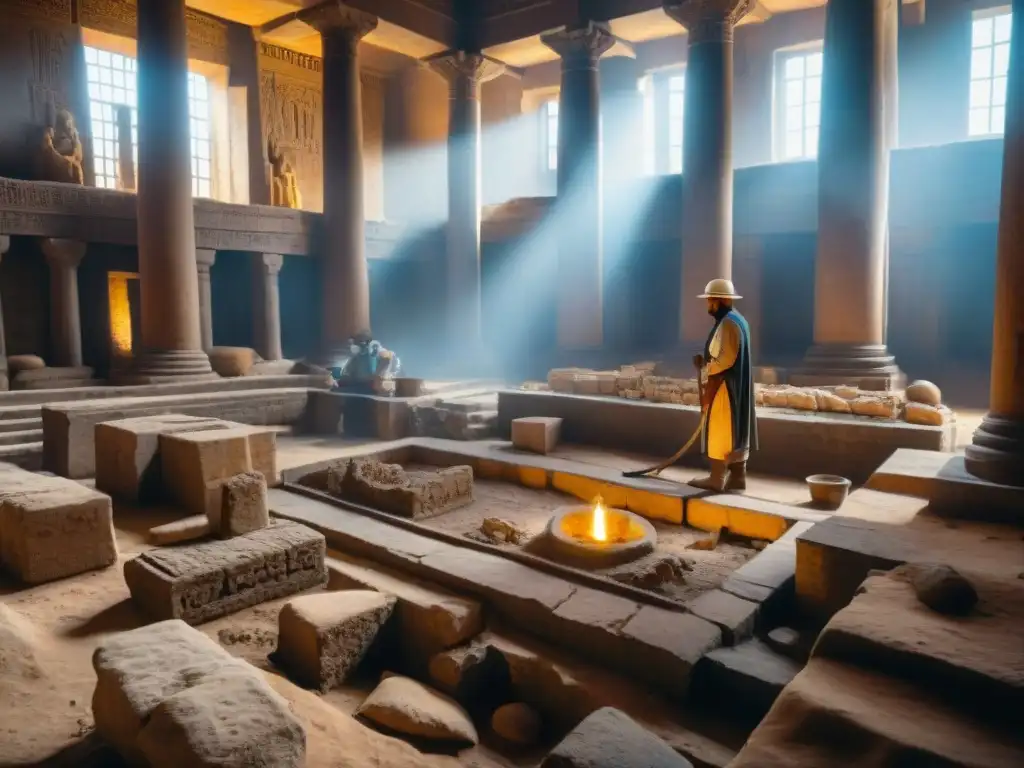 Equipo de arqueólogos excavando en ruinas de un templo, con símbolo de la Reina de Saba