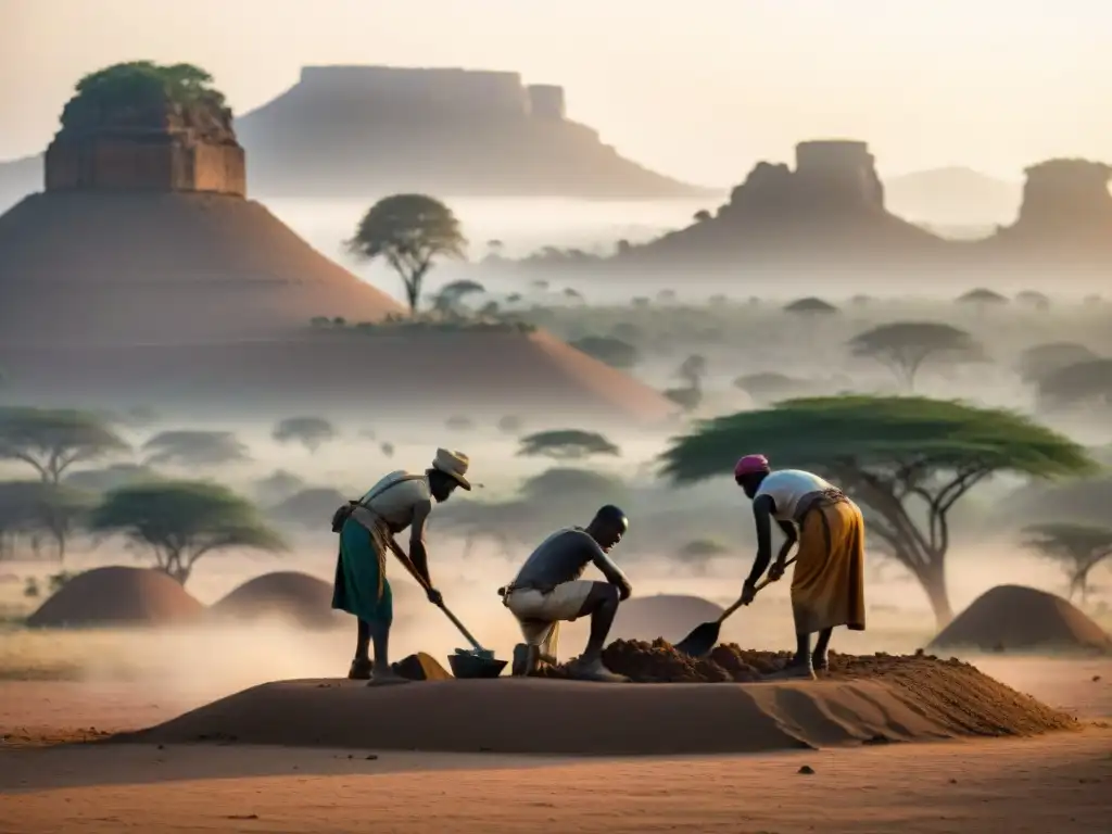 Excavación arqueológica en la sabana africana: descubriendo la historia perdida Equipo de arqueólogos excavando en la sabana africana bajo el sol abrasador