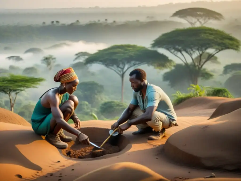 Equipo de arqueólogos excavando en la selva africana, desvelando civilizaciones africanas antiguas misteriosas