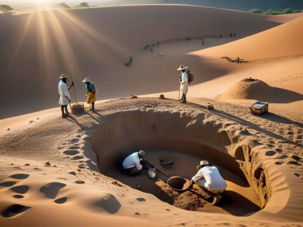 Equipo de arqueólogos excavando un sitio de entierro en África, revelando artefactos antiguos y restos óseos