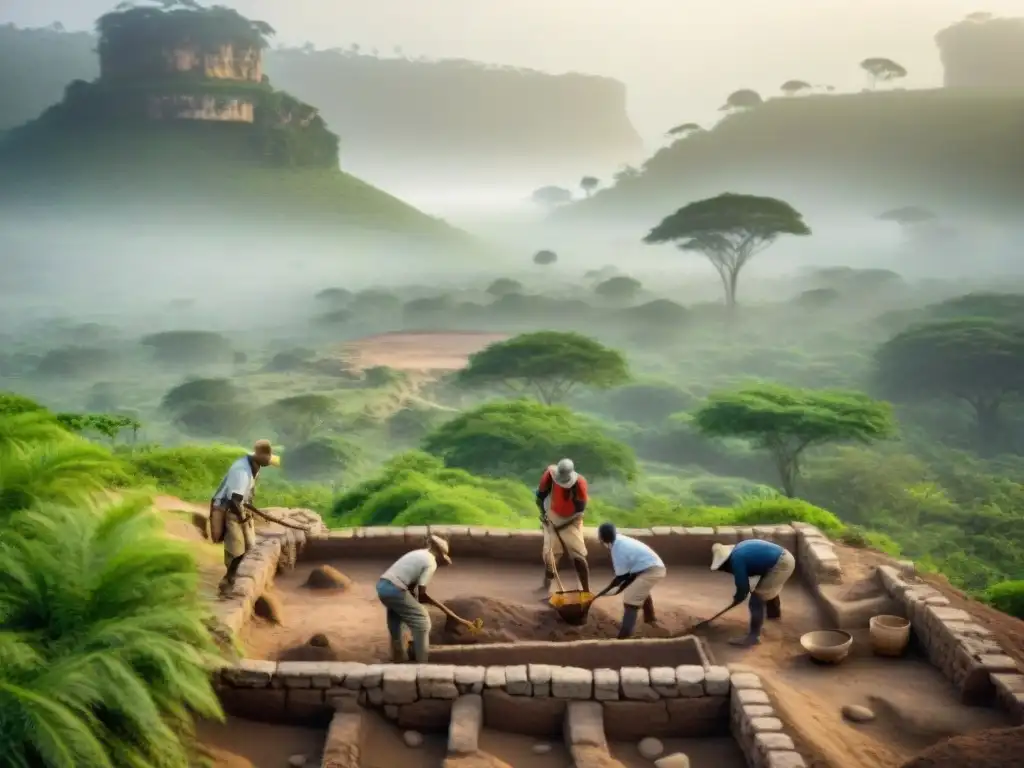 Excavación arqueológica en África: historia y naturaleza Equipo de arqueólogos excavando un sitio en África, rodeados de vegetación exuberante y ruinas de antiguas civilizaciones