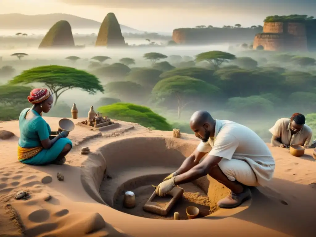Excavación detallada: equipo de arqueólogos desenterrando historia africana Un equipo de arqueólogos excava meticulosamente un sitio en África, resaltando ruinas y artefactos antiguos