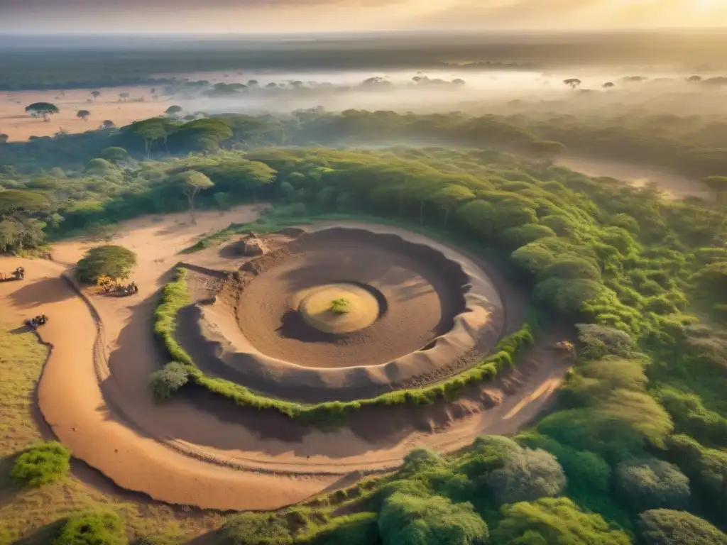 Equipo de arqueólogos excavando un sitio en la sabana africana al atardecer