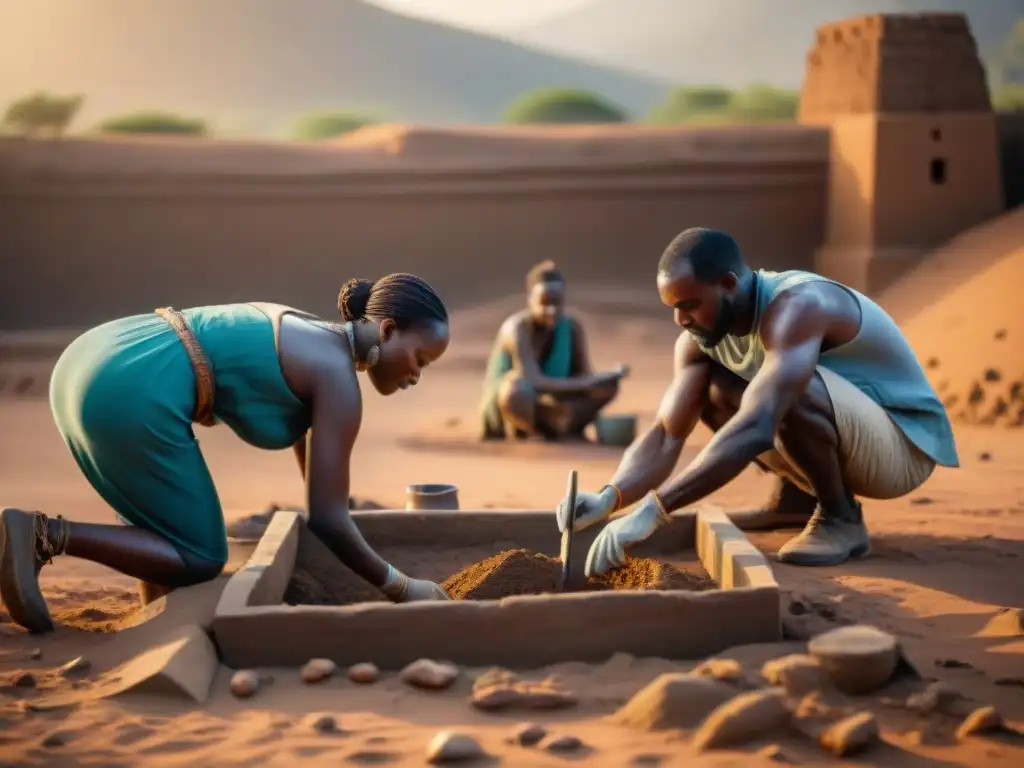 Equipo de arqueólogos preservando sitios arqueológicos africanos con técnicas ancestrales al atardecer