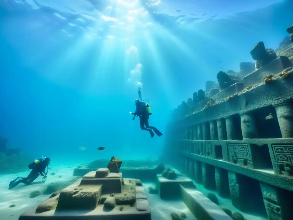 Un equipo de arqueólogos submarinos descubriendo artefactos antiguos en las ruinas sumergidas de Heracleion, Egipto