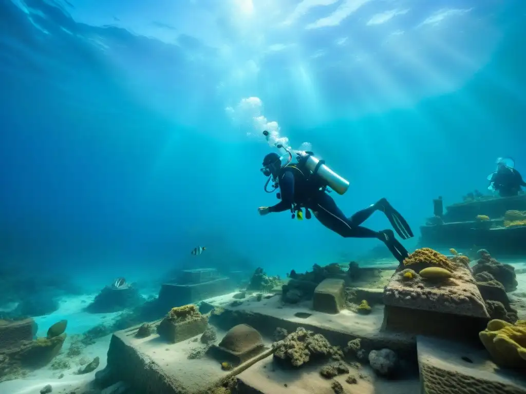 Equipo de arqueólogos submarinos excavando en ruinas sumergidas, Egipto