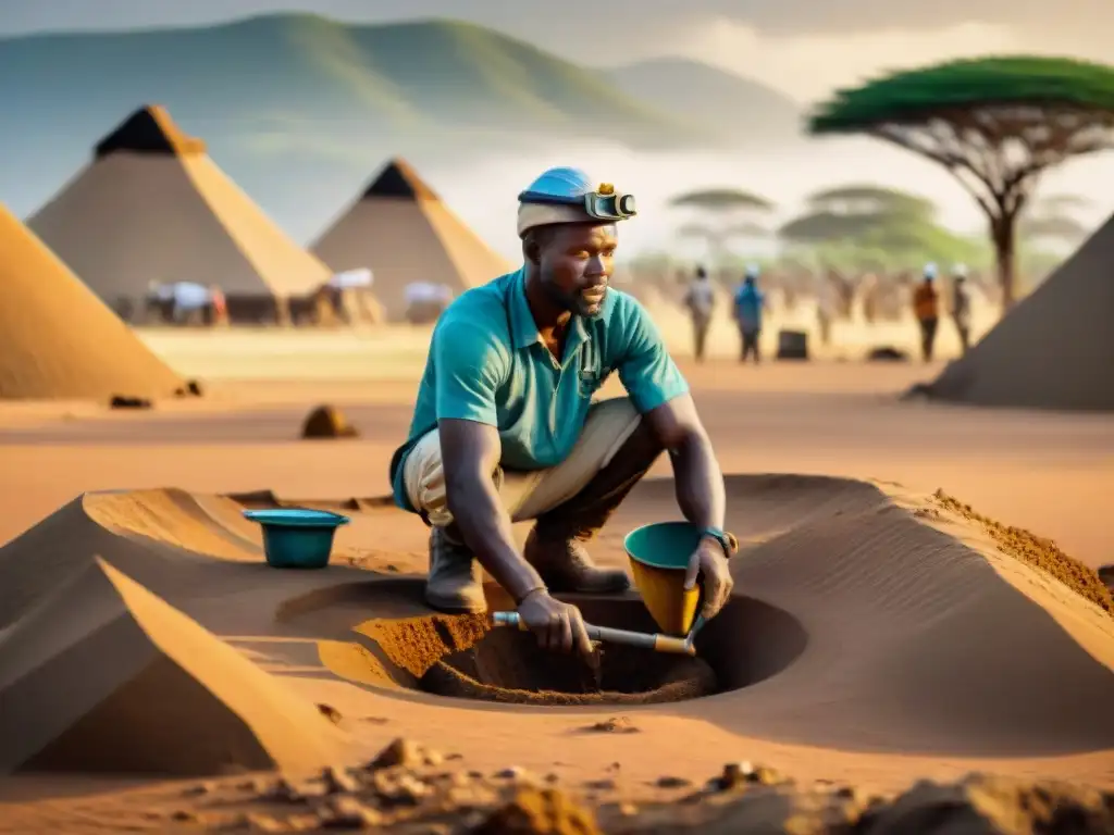 Un equipo de arqueólogos excavando en África con técnicas modernas, fusionando tradición y tecnología