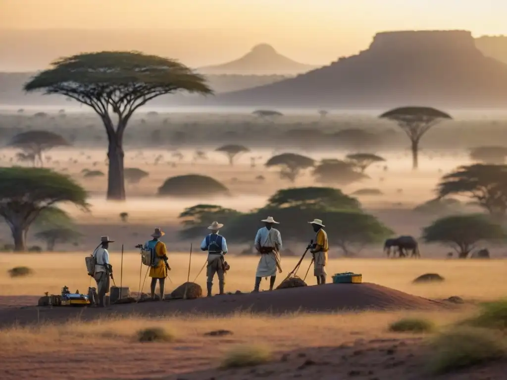 Equipo de arqueólogos usando tecnologías no invasivas en la sabana africana al atardecer