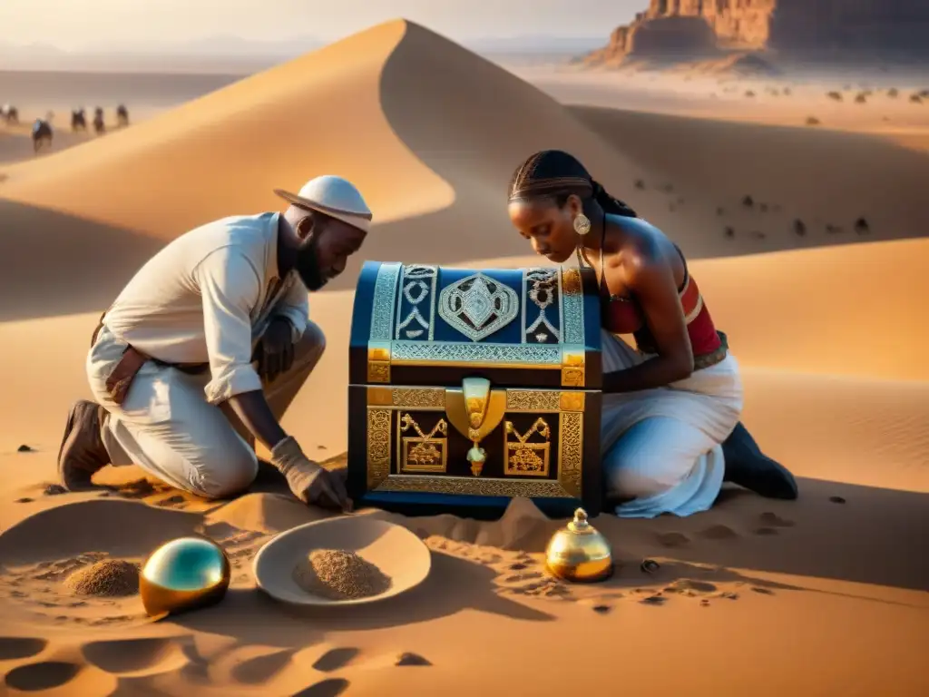 Excavación de tesoro africano en desierto Un equipo de arqueólogos descubre un tesoro recién descubierto del rey africano en un paisaje desértico