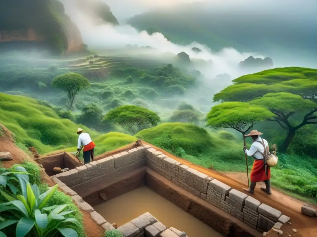 Excavación arqueológica en África: preservando tesoros ancestrales Equipo de arqueólogos protegiendo tesoros arqueológicos africanos entre ruinas y vegetación exuberante