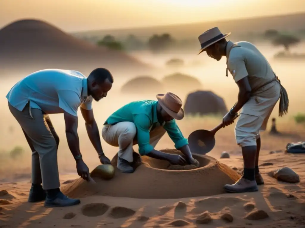 Equipo de arqueólogos descubriendo tesoros ocultos de civilizaciones africanas al atardecer