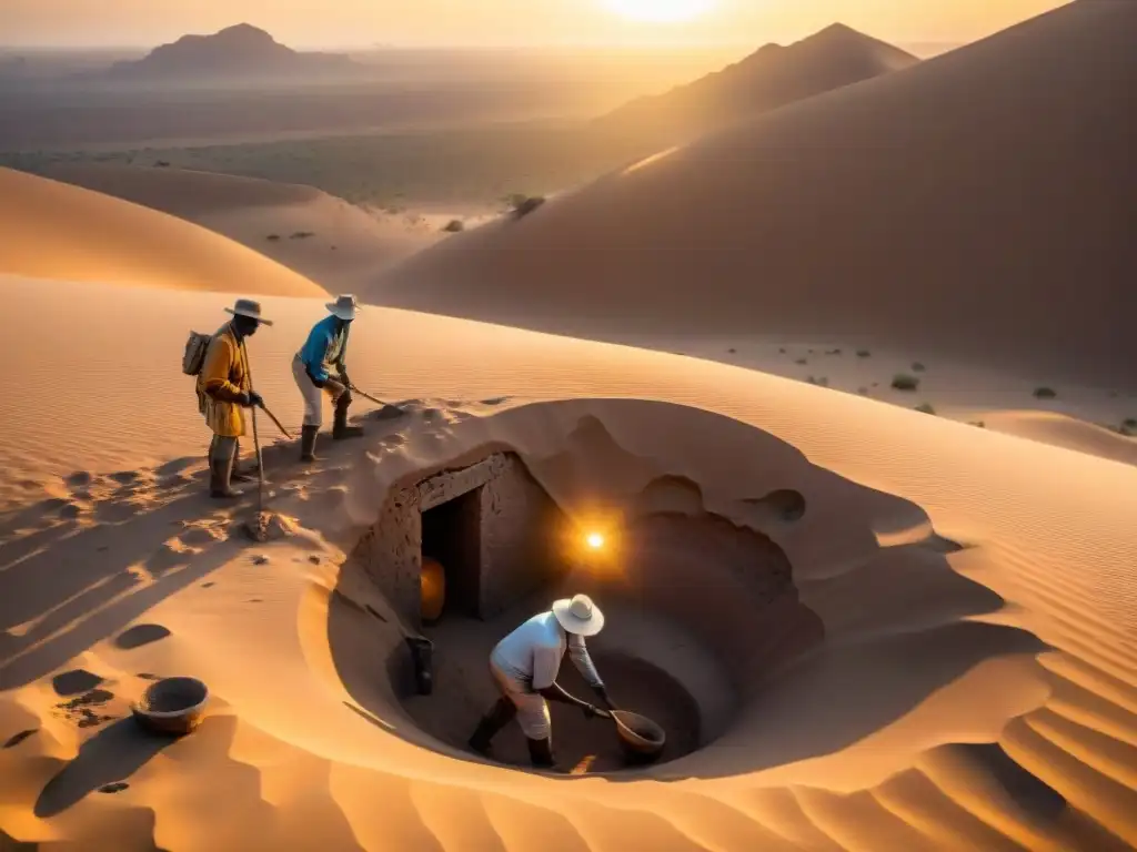 Excavación de tumba en desierto africano al atardecer Equipo de arqueólogos excavando una tumba en el desierto africano al atardecer, protegiendo tesoros arqueológicos africanos