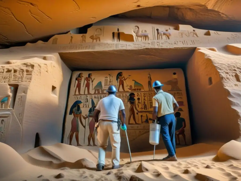 Equipo de arqueólogos descubriendo tumba egipcia en Nubia: hieroglíficos, artefactos y sol brillante