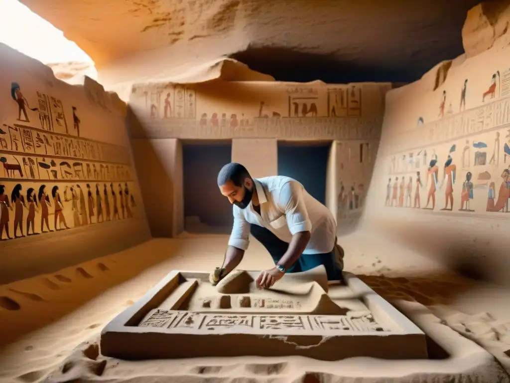 Equipo de arqueólogos excavando una tumba egipcia al atardecer