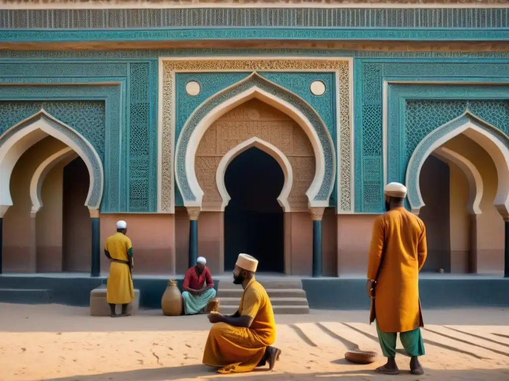 Un equipo de artesanos restaura con cuidado las tallas de una antigua mezquita africana al amanecer, mientras niños observan maravillados