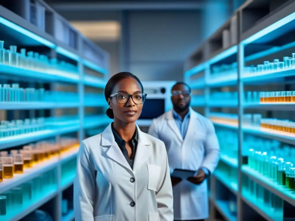 Un equipo de científicos africanos en un laboratorio de biotecnología de vanguardia, realizando experimentos meticulosos