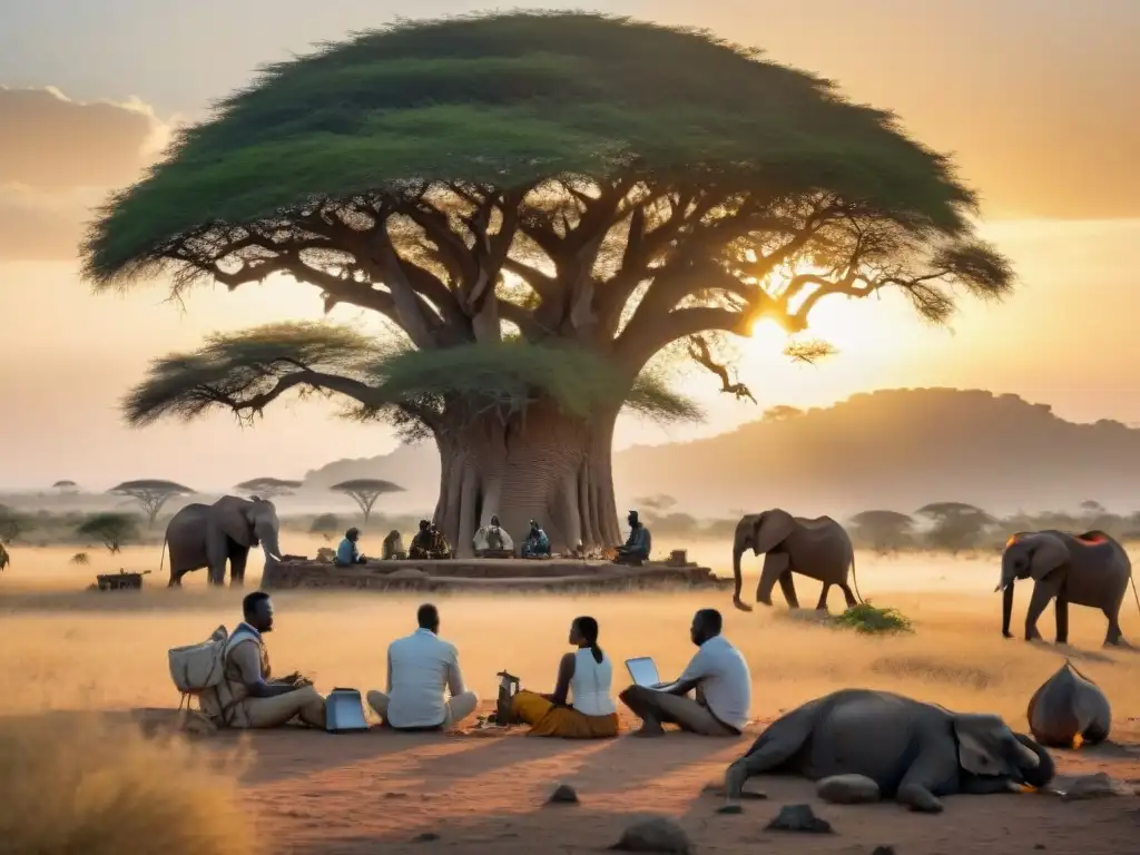 Equipo de conservacionistas africanos colaborando bajo un árbol en ruinas, rodeados de naturaleza