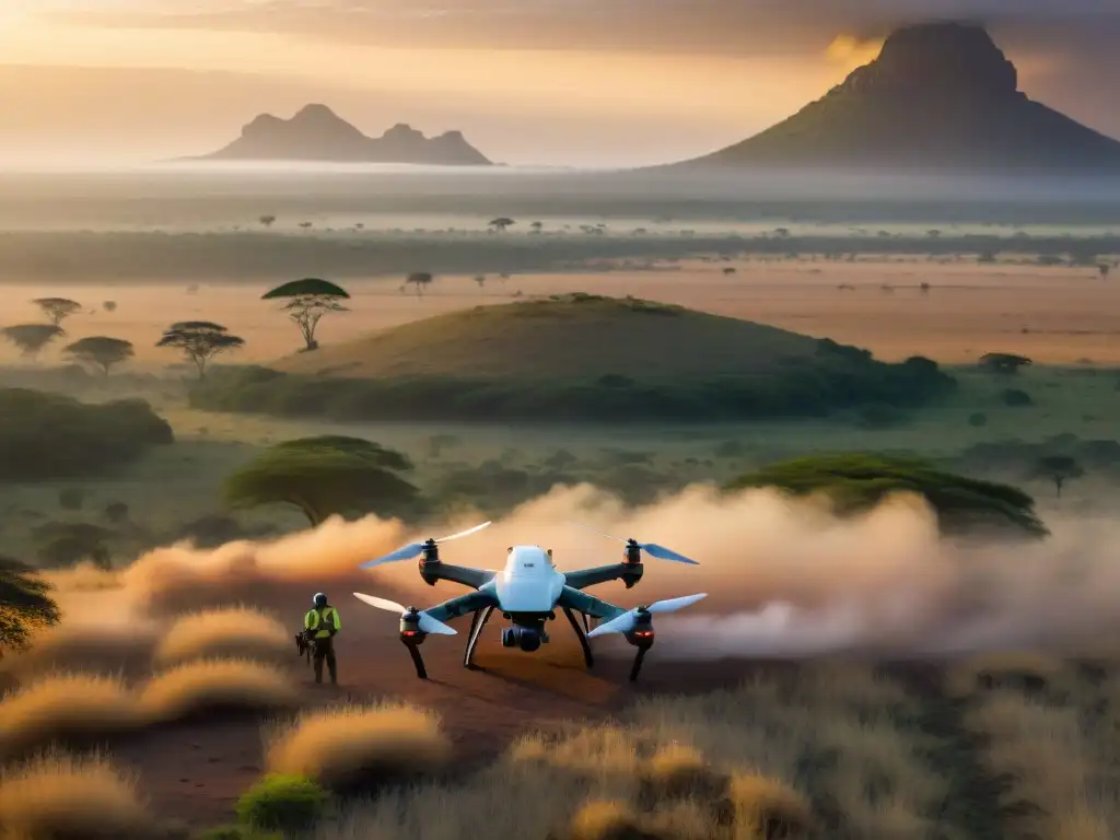 Un equipo de conservacionistas usa drones con tecnología de imagen térmica para proteger la vida silvestre en la sabana africana al atardecer