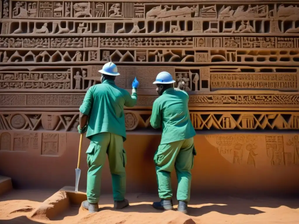 Equipo de conservacionistas restaurando grabados en un sitio histórico africano, resaltando la importancia de conservar sitios africanos en peligro