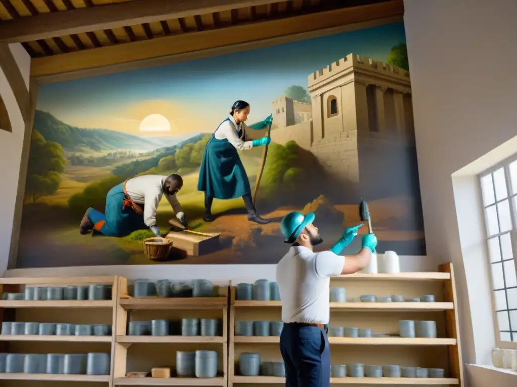 Equipo de conservacionistas restaurando mural centenario con métodos sostenibles preservación patrimonio