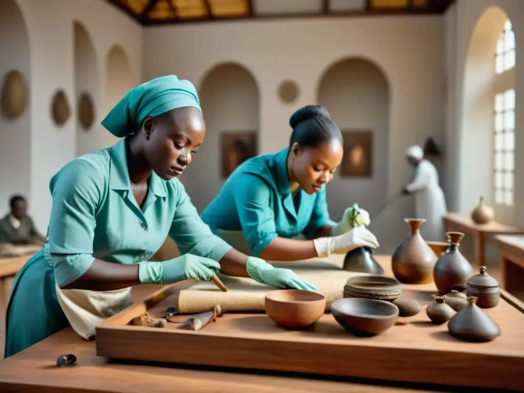 Equipo de conservacionistas preservando el patrimonio cultural africano en laboratorio de museo iluminado y espacioso