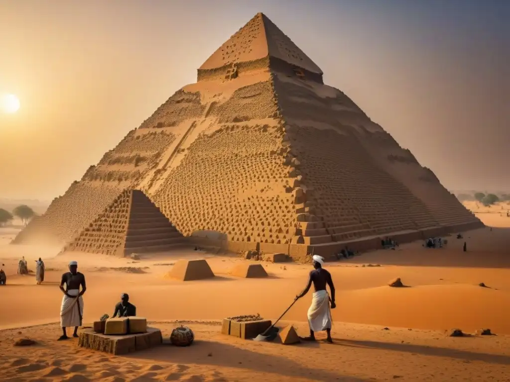 Equipo de constructores nubios esculpiendo bloques de piedra bajo el sol, ilustrando la construcción de pirámides en Sudán