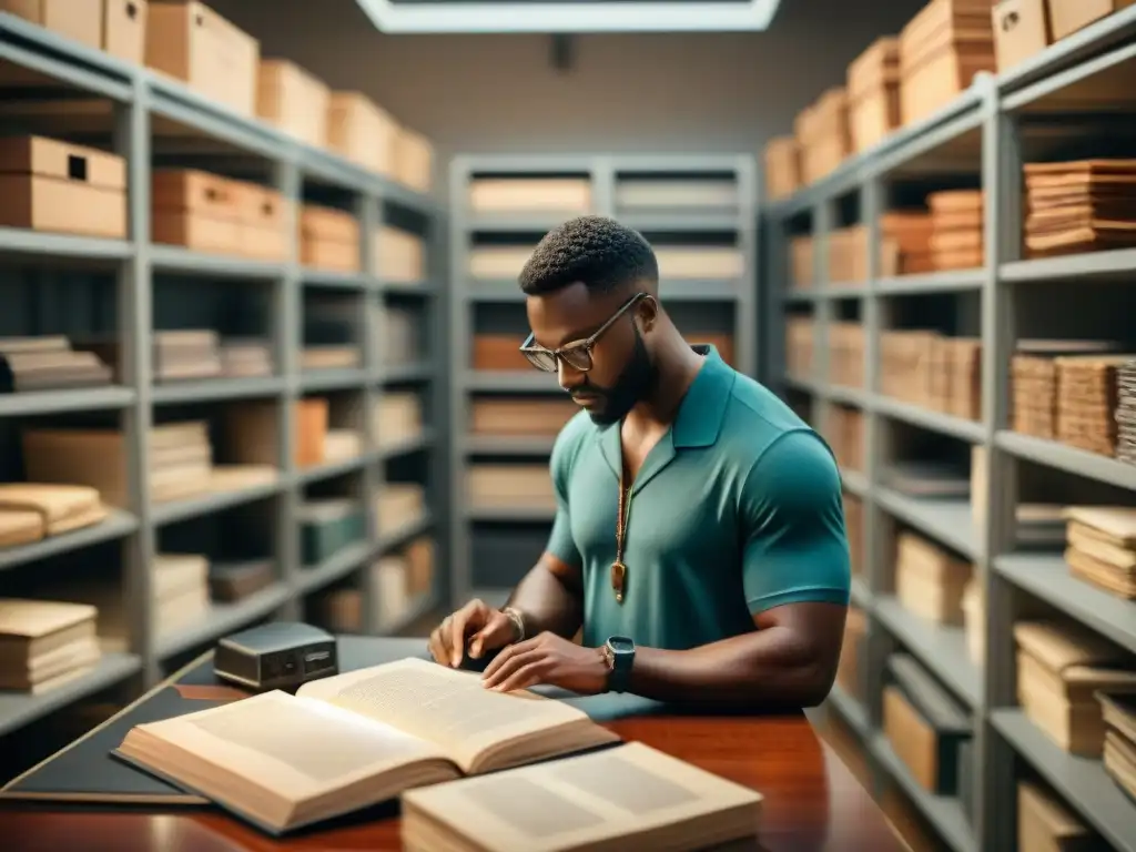 Un equipo diverso digitalizando archivos patrimonio africano en un archivo oscuro y lleno de historia