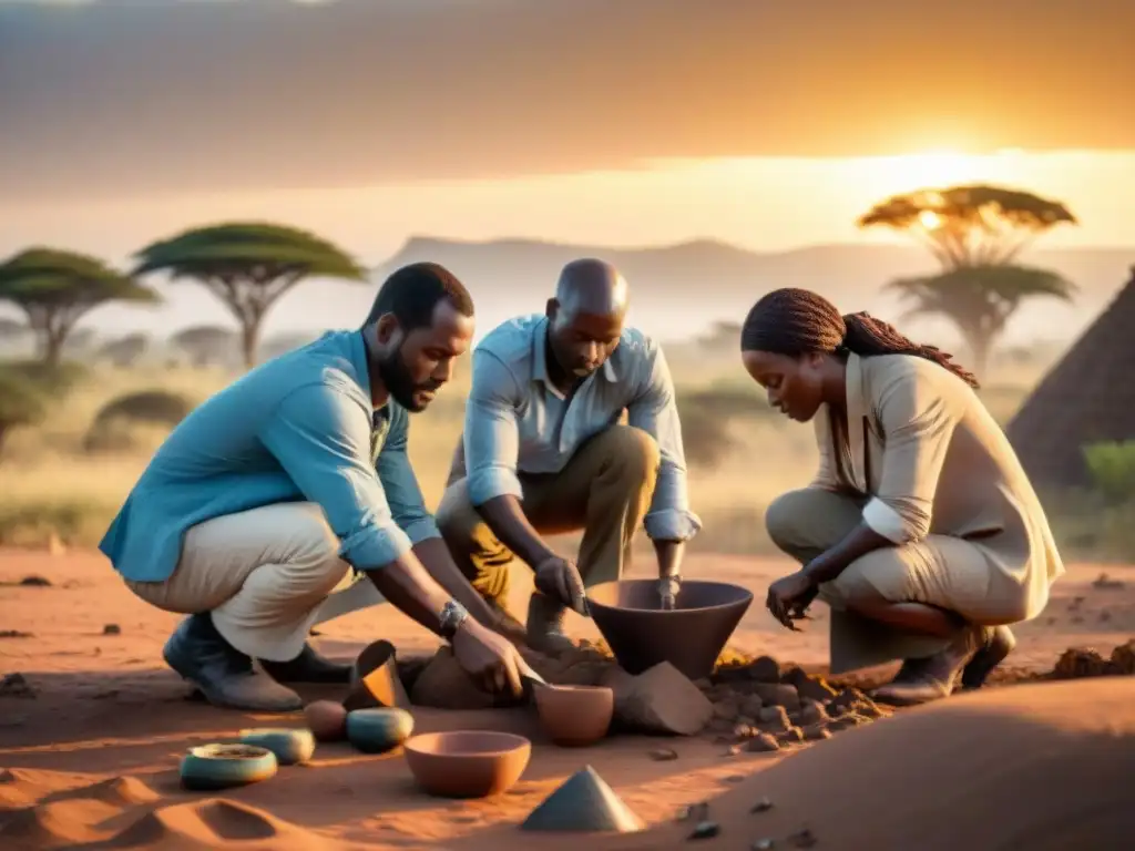 Un equipo diverso de arqueólogos excavando artefactos antiguos en la sabana africana al atardecer, resaltando la influencia de África en prehistoria