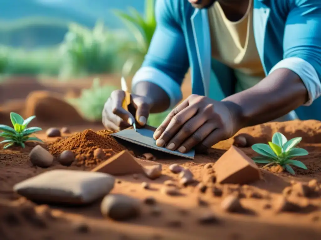 Equipo diverso de arqueólogos excavando un sitio africano, rodeados de vegetación exuberante y cielo azul