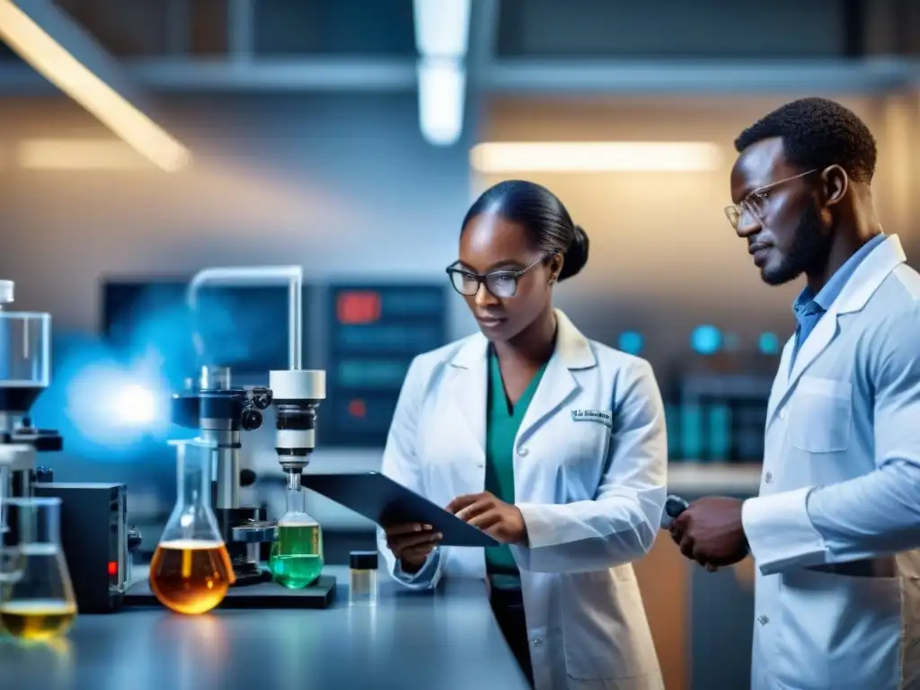 Un equipo diverso de científicos africanos trabajando juntos en un laboratorio de alta tecnología