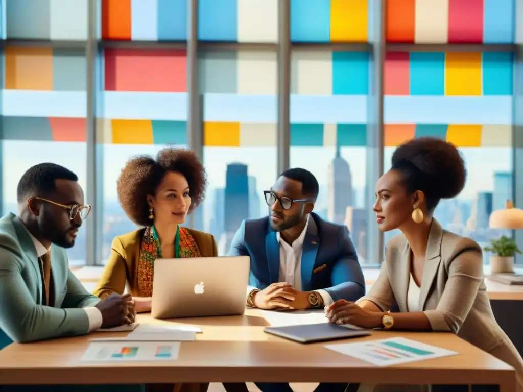 Un equipo diverso de la diáspora africana colabora en un proyecto de innovación social en una oficina moderna