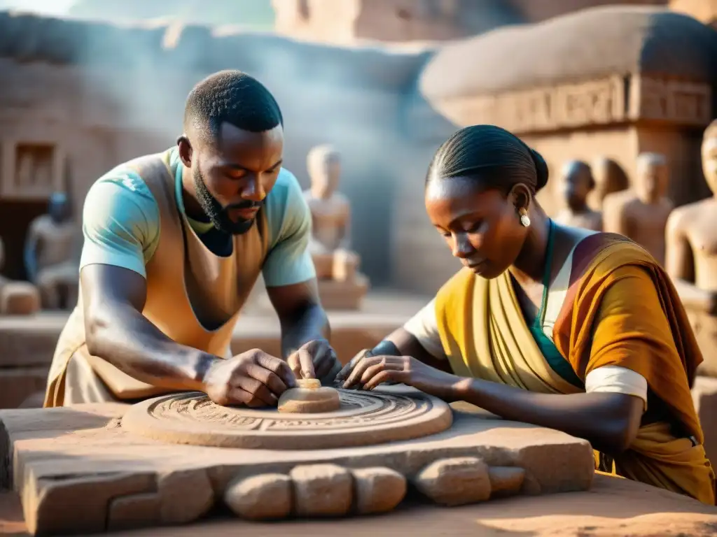 Un equipo diverso de expertos en restauración de monumentos antiguos en África, cuidadosamente restaurando esculturas de piedra en un atardecer dorado