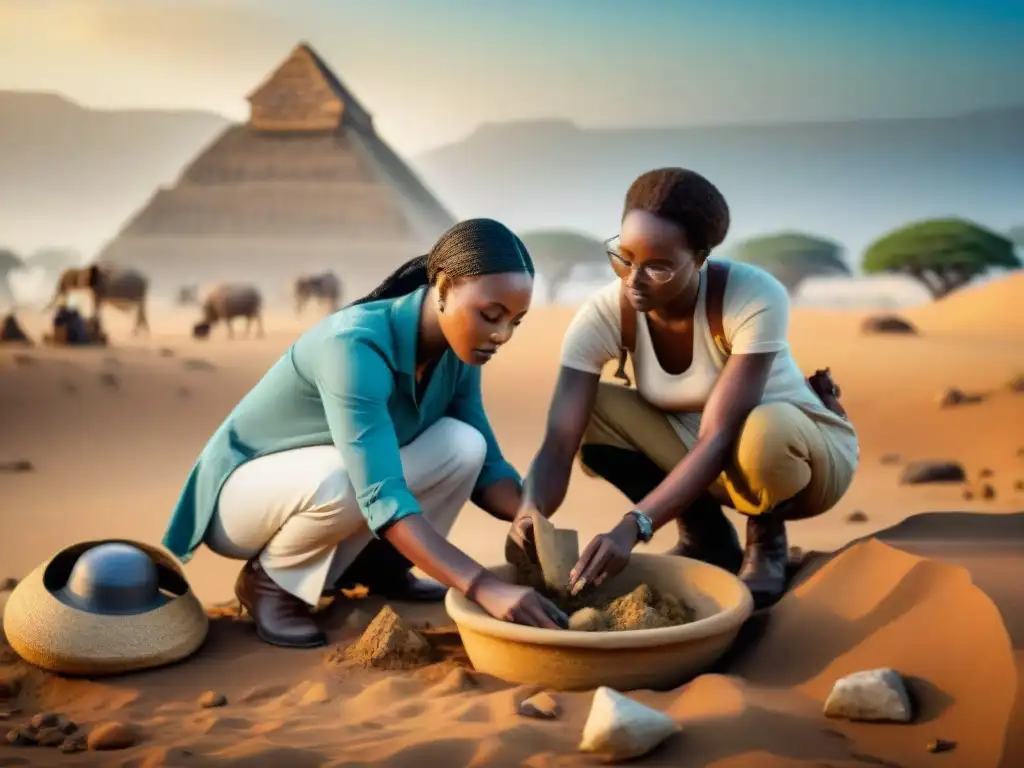 Un equipo diverso de historiadores y arqueólogos excava artefactos antiguos en África, mostrando la Reconstrucción de la historia africana