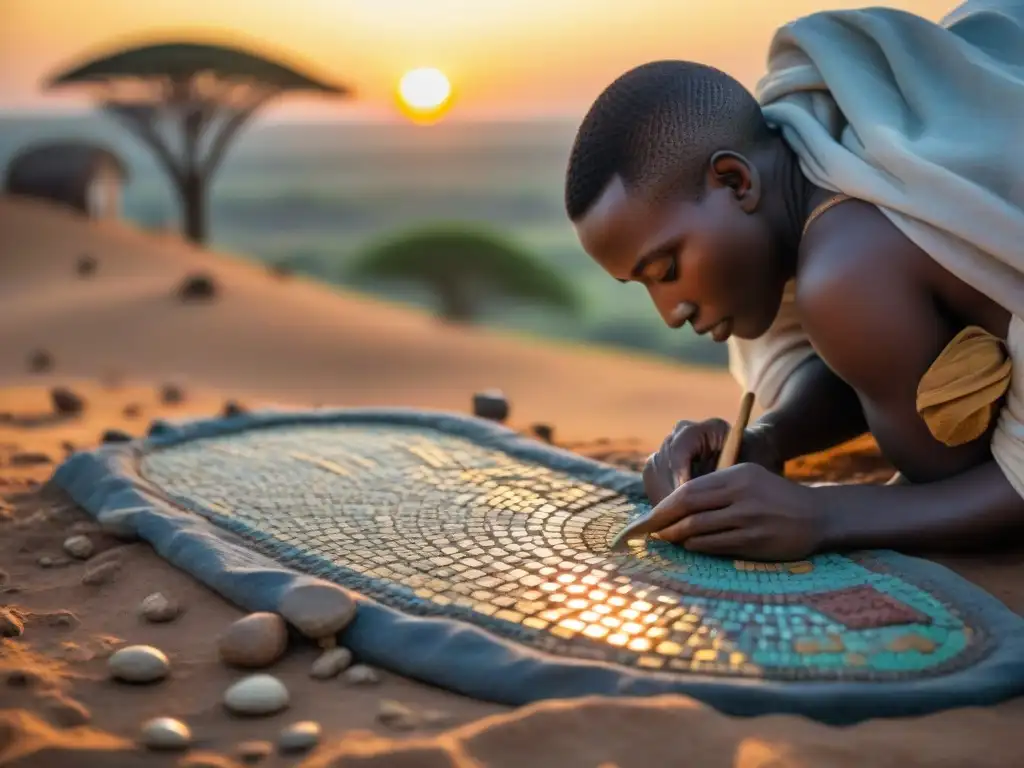 Un equipo diverso de investigadores excavando artefactos antiguos en África al atardecer, revelando un increíble mosaico