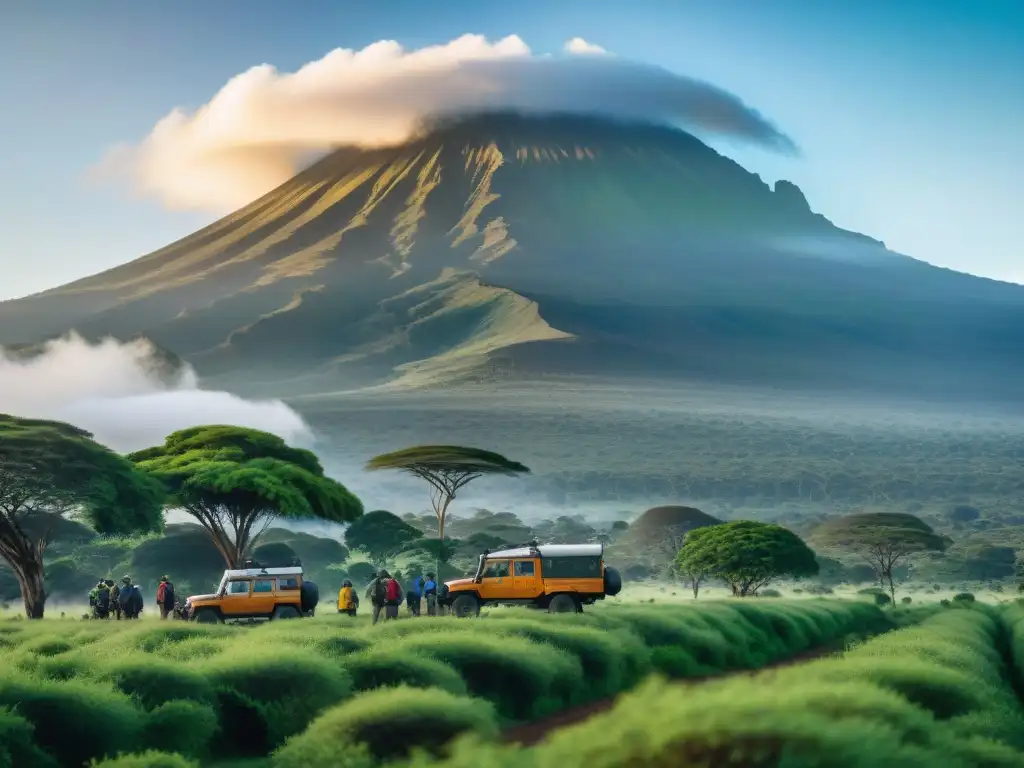 Equipo diverso de investigadores y conservacionistas trabajando juntos en el majestuoso Monte Kilimanjaro, mostrando la influencia global de las civilizaciones africanas