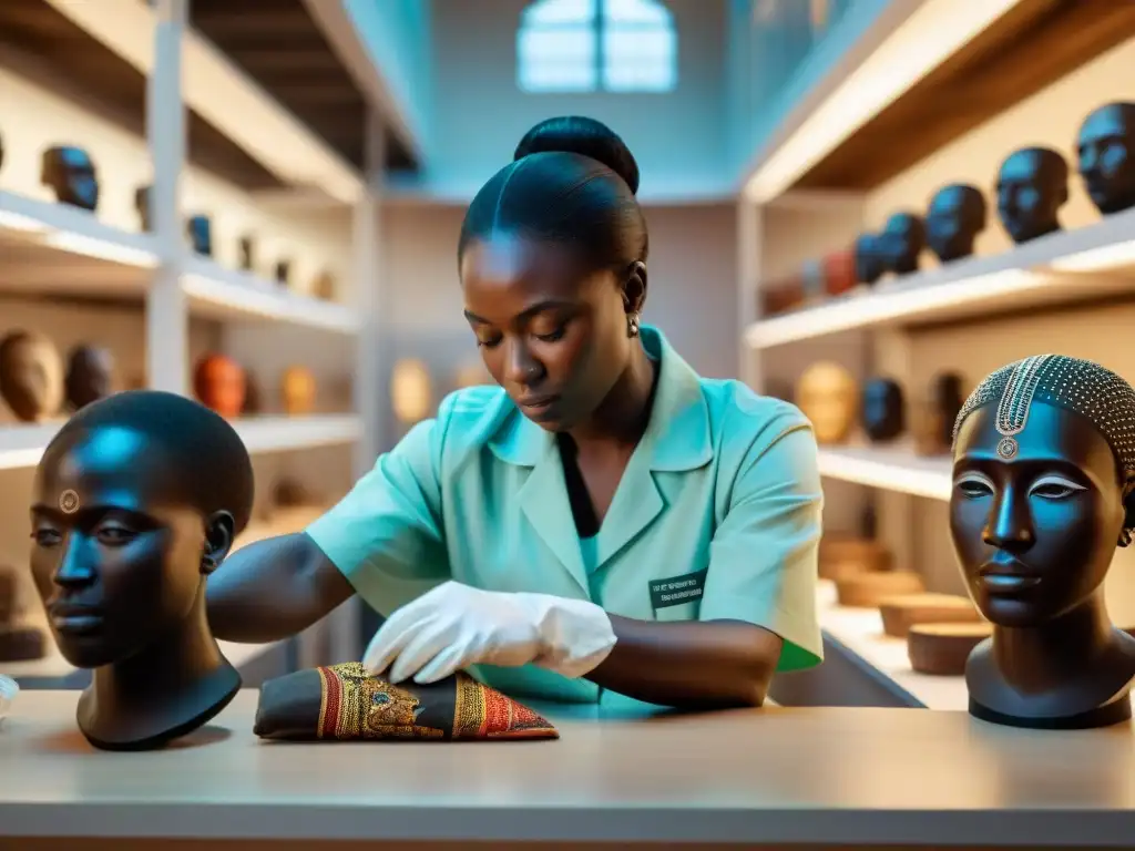 Equipo de expertos en conservación del Patrimonio Africano restaurando delicadamente antiguos artefactos bajo una suave luz de museo