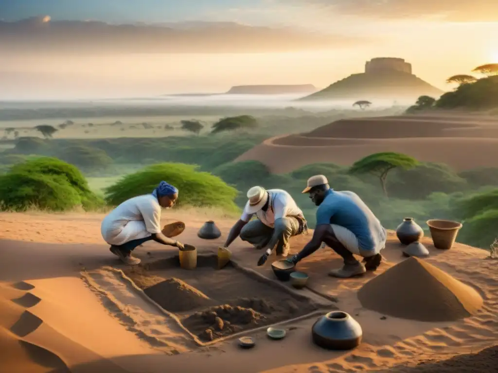 Equipo internacional de arqueólogos excavando sitio arqueológico africano al atardecer