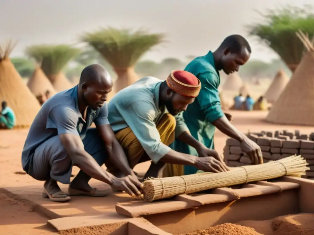 Un equipo local de constructores en Mali construyendo un Toguere con técnicas innovadoras, mostrando habilidad y concentración