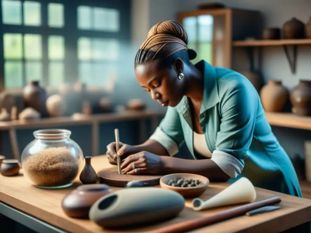 Equipo de conservación del patrimonio cultural africano restaurando artefactos antiguos en un taller organizado y luminoso