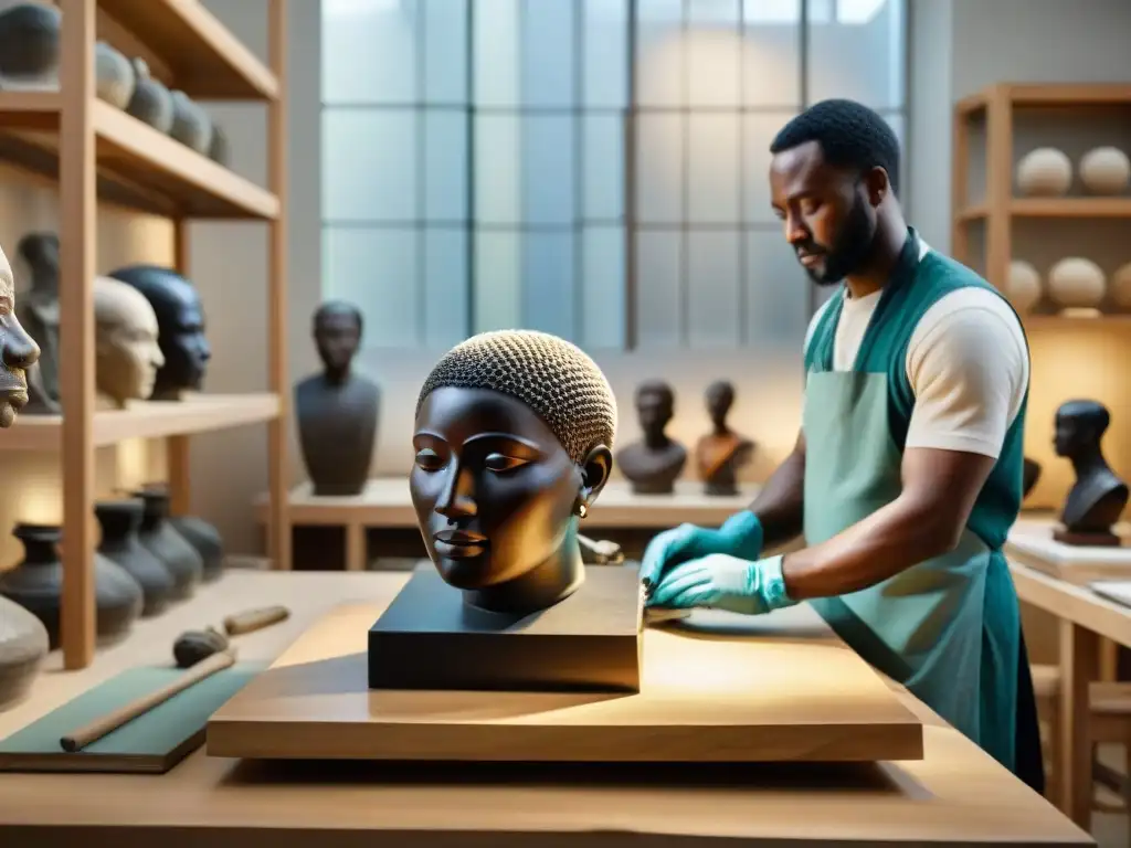 Equipo de restauradores preservando escultura africana en estudio de conservación