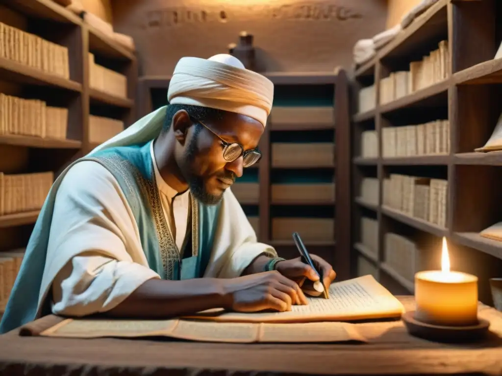 Erudito de Timbuktu transcribiendo ecuaciones matemáticas Un erudito de Timbuktú transcribe ecuaciones matemáticas en un ambiente atmosférico y detallado, rodeado de libros y pergaminos