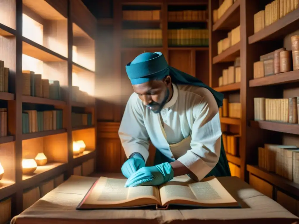 Un erudito examina detenidamente manuscritos antiguos en un místico Centro de Aprendizaje Legendario Timbuktu, iluminado por la suave luz del sol