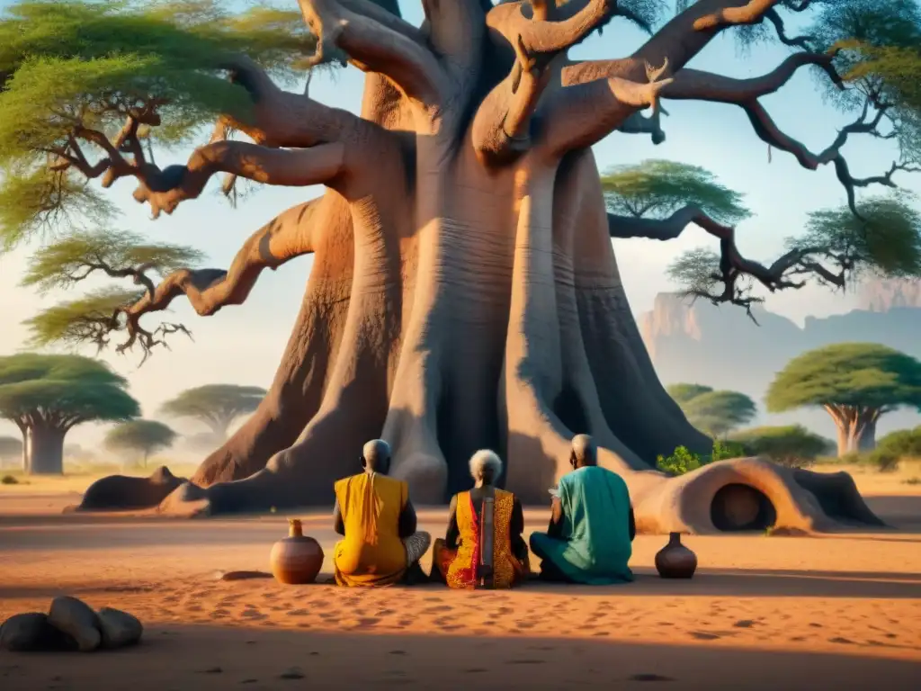 Una escena africana: ancianos sabios bajo un baobab, vistiendo colores vibrantes