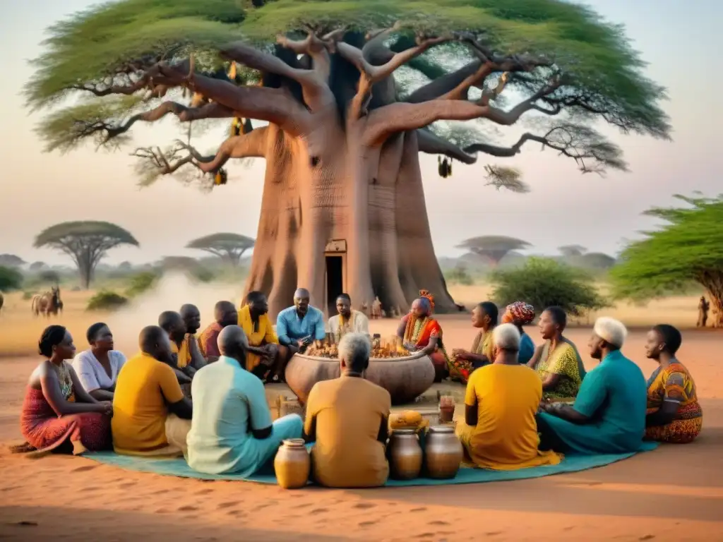 Una escena africana llena de tradición y calidez, mostrando la importancia de la familia extendida bajo un Baobab