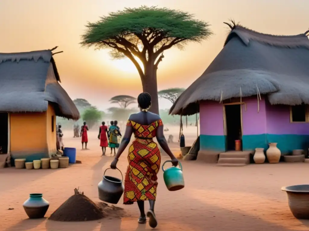 Escena africana al amanecer: mercado, mujeres con cestas, niños jugando, chozas de barro, ancianos bajo baobab, mujer con cántaro