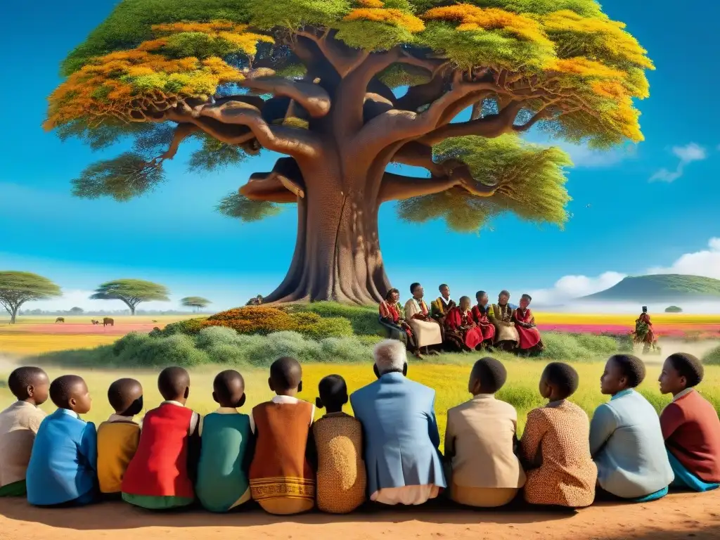 Escena africana: niños escuchan a líder entre naturaleza exuberante y mural histórico