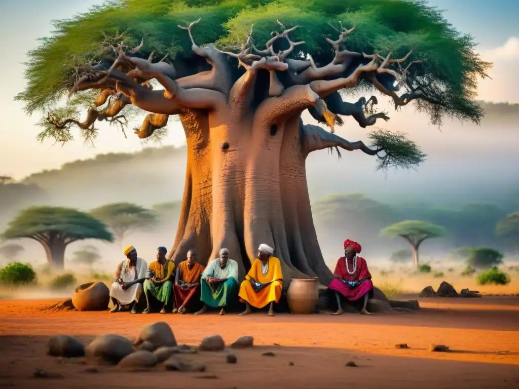 Una escena africana rica en cultura, con ancianos bajo un baobab, en animada conversación