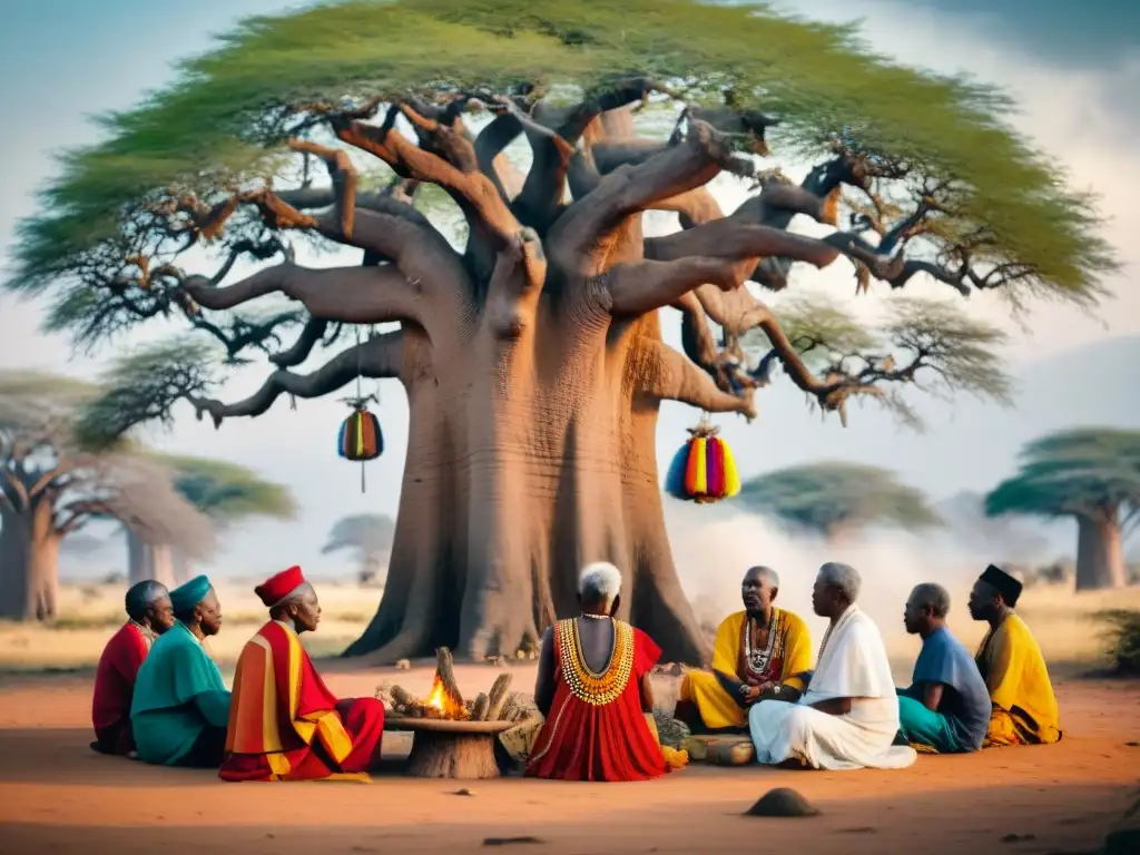 Una escena ancestral: ancianos africanos bajo un baobab en ceremonia de curación