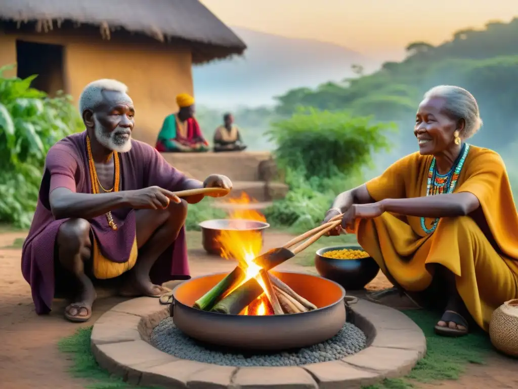 Una escena con ancianos africanos preparando una comida tradicional alrededor de un fuego